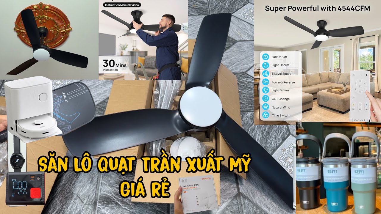 Hàng Mới về, Quạt trần 1,1cm thương hiệu mỹ thanh lý kho, Bơm ô tô lisen, ly giữ nhiệt, robot