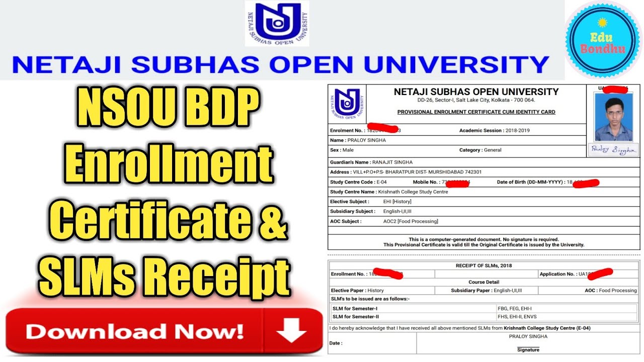 NSOU BDP Enrollment Certificate & SLMs Receipt Download || Enrollment Certificate Cum Identity Card.