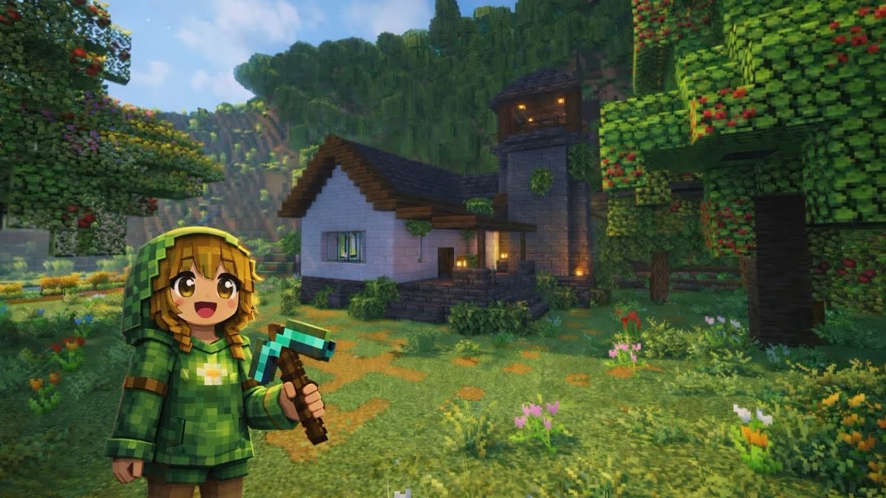 Building a Cozy Survival House with a Tower & Small Bridge 🌿