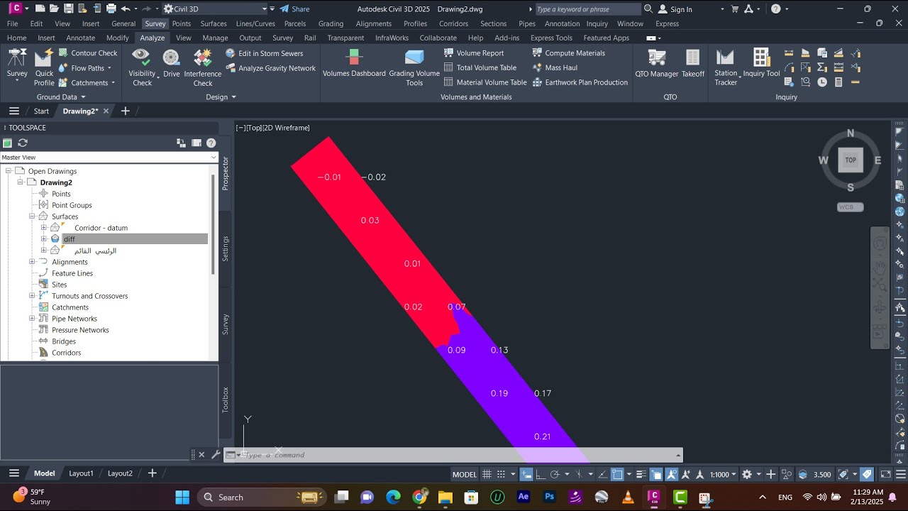 إظهار فرق المناسيب بين سطحين على سطح مقارنة على اللوحة بإستخدام Spot Elevations on Grid في Civil 3D🎯