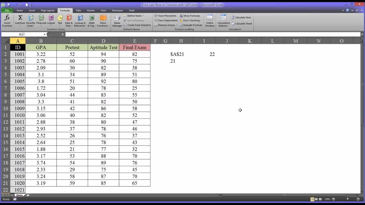 Find Last Populated Row or Column with User Defined Function in Excel VBA