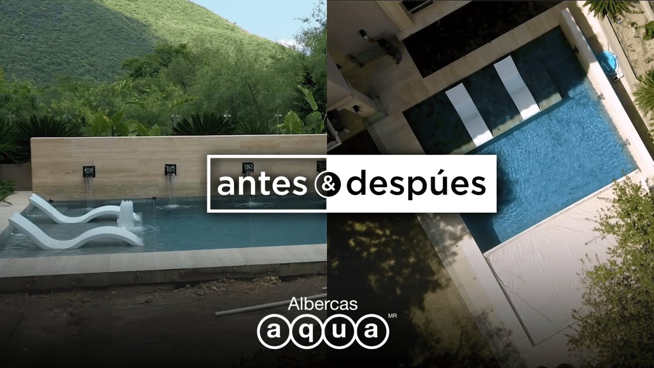 Antes y después de piscina con ACABADO DE PIEDRA SUKABUMI | Albercas Aqua