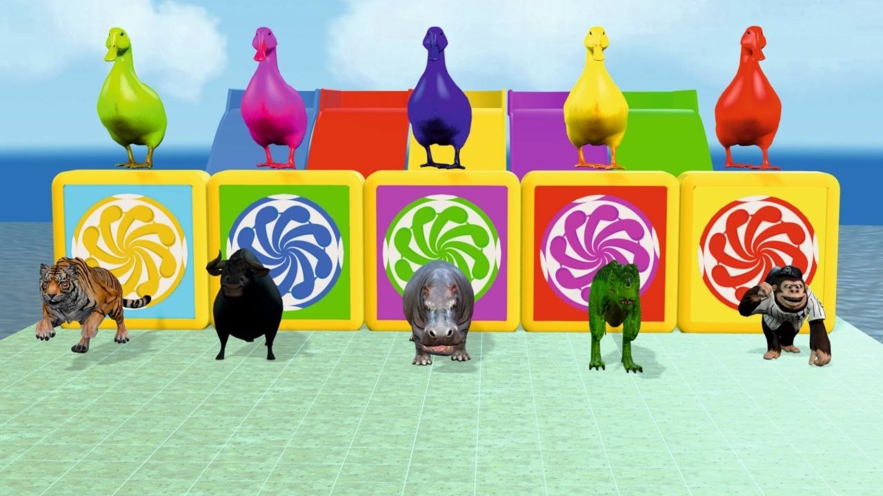 Long Slide Game With Elephant Gorilla Buffalo Hippopotamus Tiger - 3d Animal Game - Leader3dAnimals