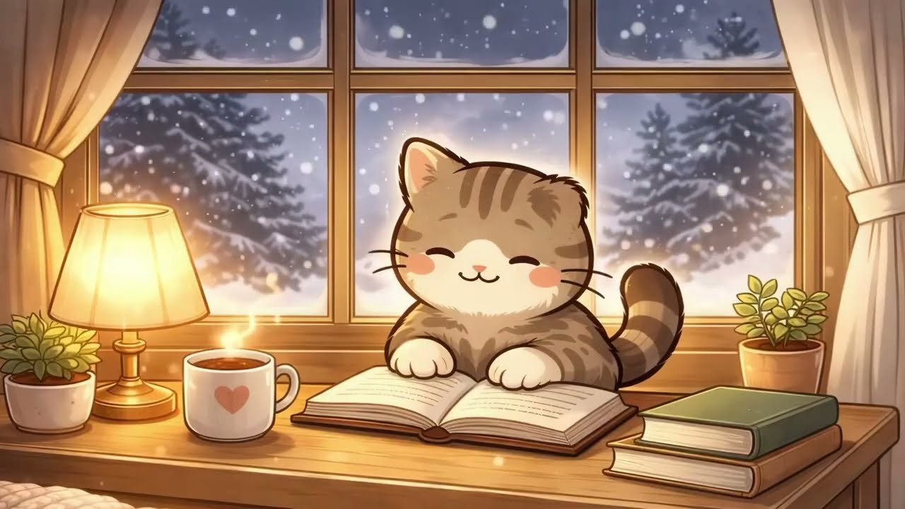 Cozy Winter Study with Mochi | Soft Jazz Ambience ☕❄️