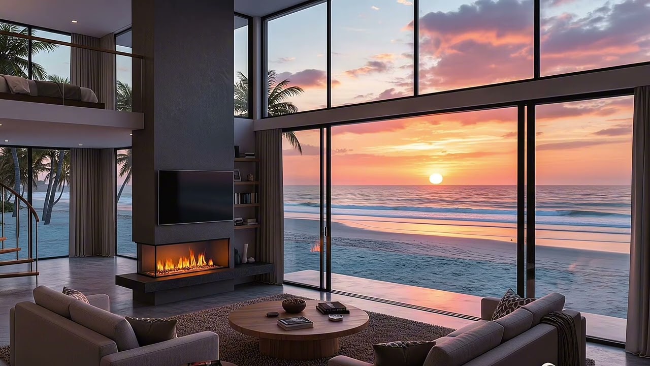 HD | jazz music on the beach 🏖️ waves 🌊 and fireplace 🔥 sounds one Hour of relaxing  (no ads)