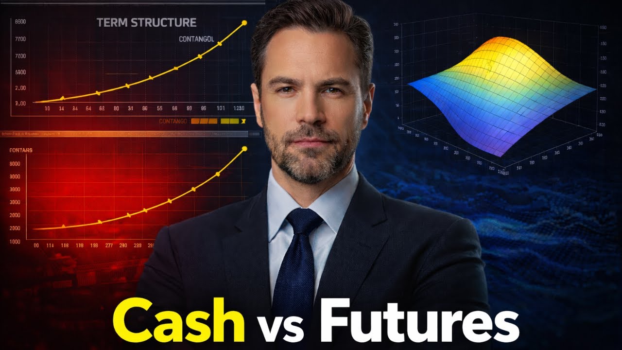 Cash vs Futures, Roll / Contango / Backwardation, and Options (Vol Surface + Greeks)