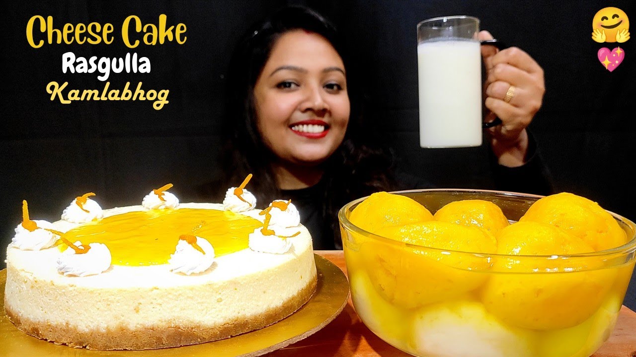 Eating Orange 🍊 Cheese Cake + Rasgulla + Kamalabhog + Milk | Mukbang Cake ASMR