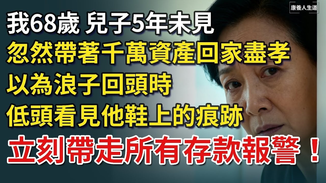 我68歲，兒子5年未見，忽然帶著千萬資產回家盡孝，我不為所動，低頭看見他鞋上的痕跡，立刻帶走所有存款報警！​【康養人生道】 #康養人生道 #上了年紀該明白的事 #養老 #聰明老人 #長壽秘密 #