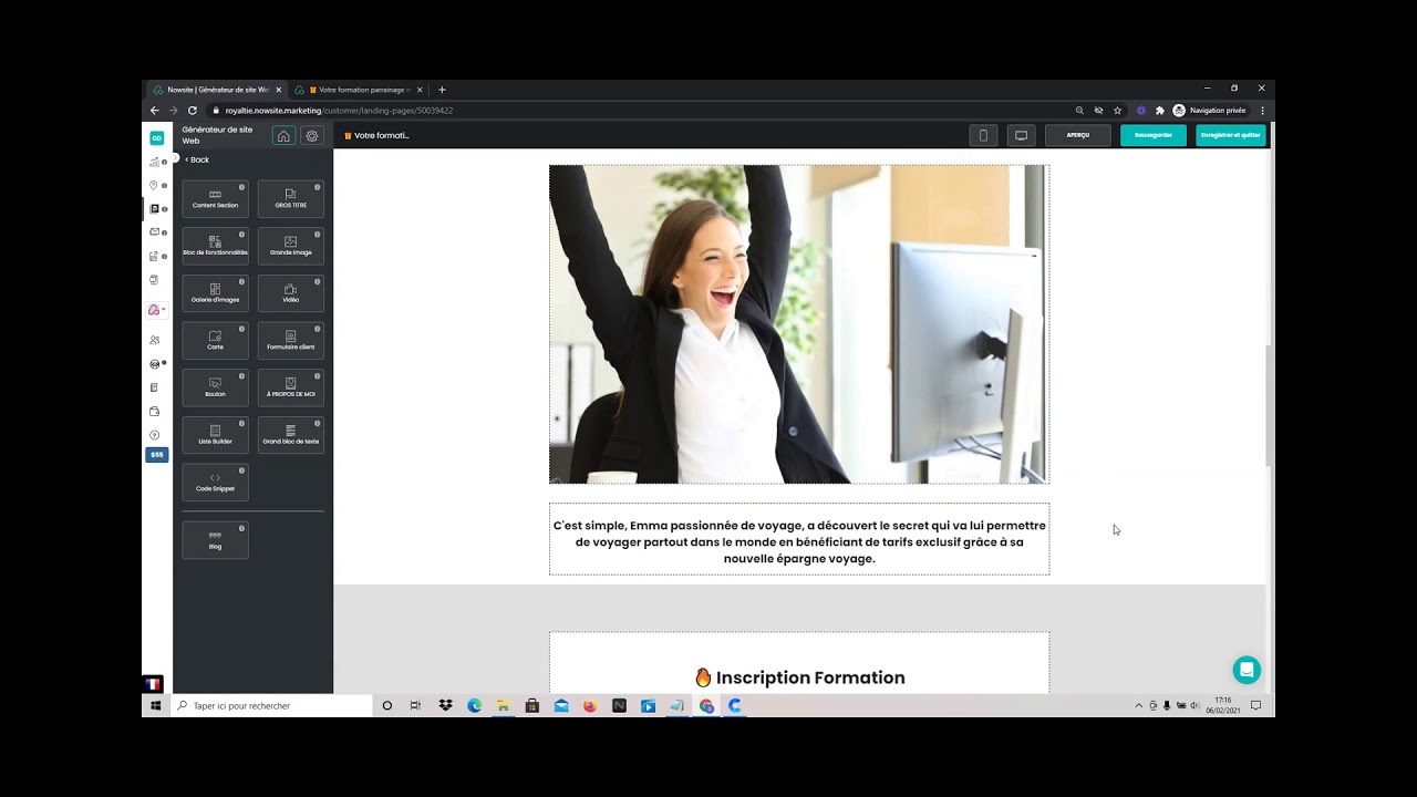 Voir l'int&eacute;rieur de la plateforme Webmarketing Nowsite Marketing et cr&eacute;ation d'une page web