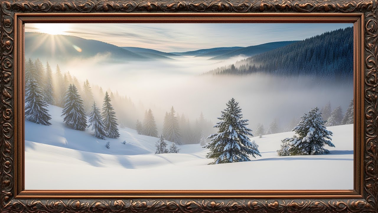 Misty Winter Morning in the Mountains, Peaceful Snow Landscape | Gold Framed TV Art Screensaver