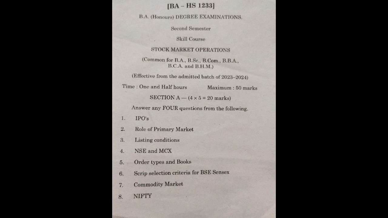Stock market operations question paper 2024,bcom sem 2