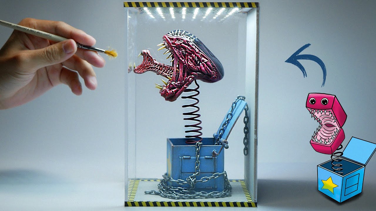 Diorama of realistic Alien Boxy Boo In the Laboratory