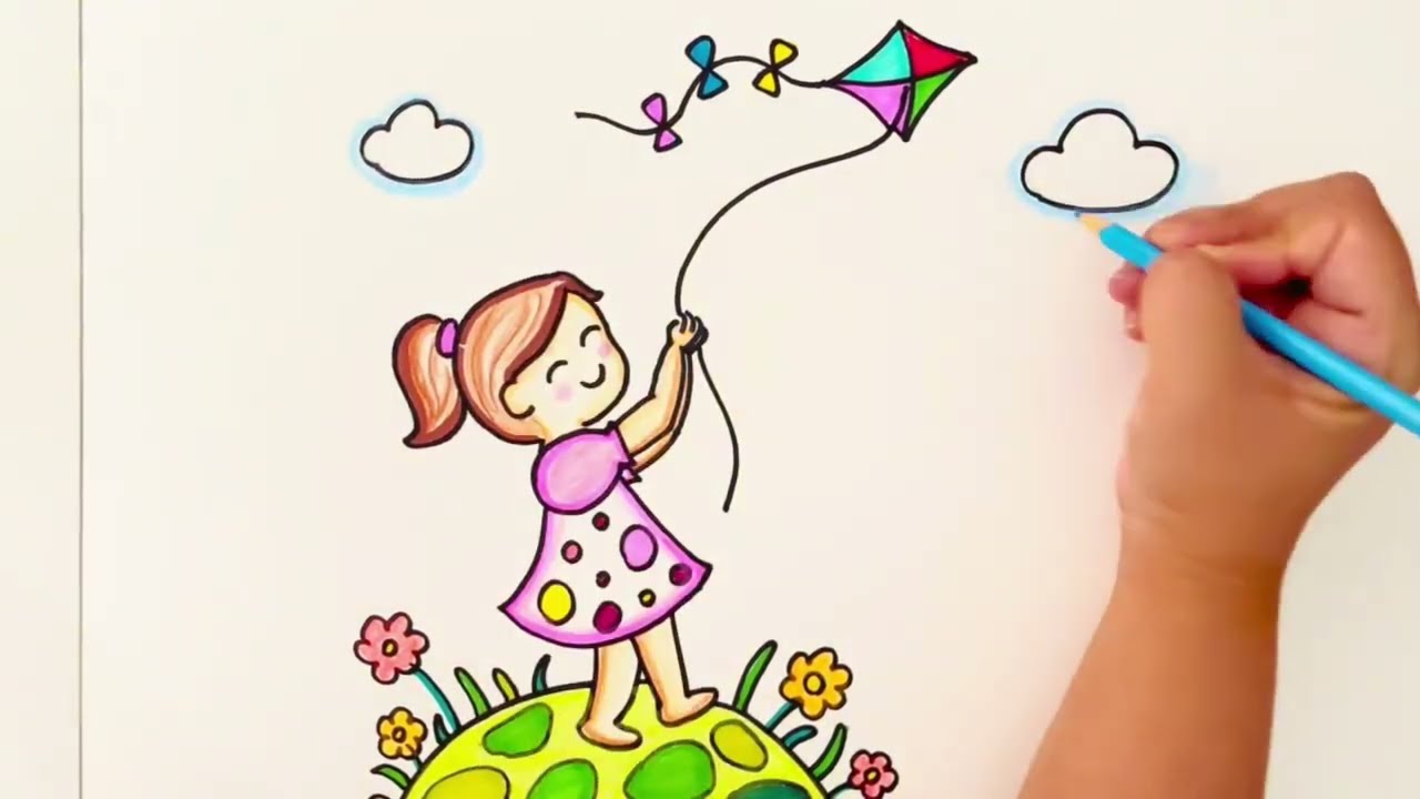 ලස්සන සරුංගලයක් යවන පුංචි ළමයෙක් අඳිමු-how to draw a girl with a kite🪁-easy drawing for kids-Sinhala