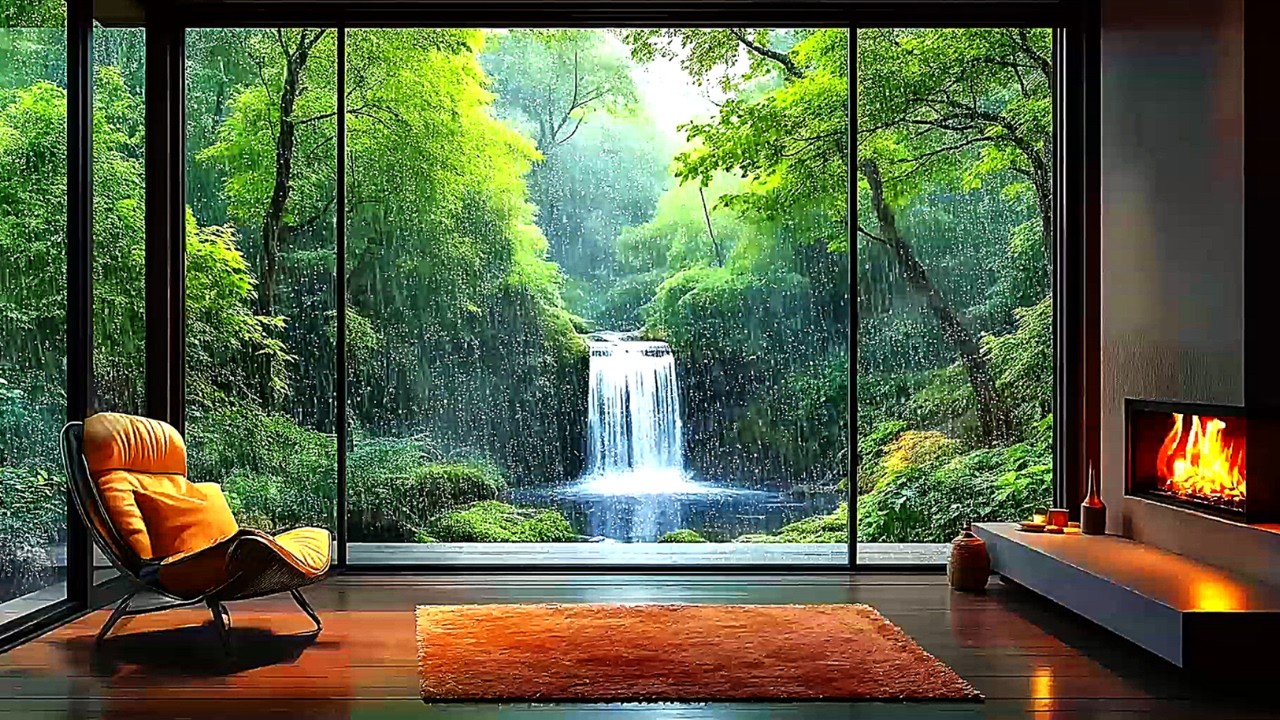 Cozy Living Room – Heavy Rain, Waterfall & Fireplace Ambience (10 Hours)