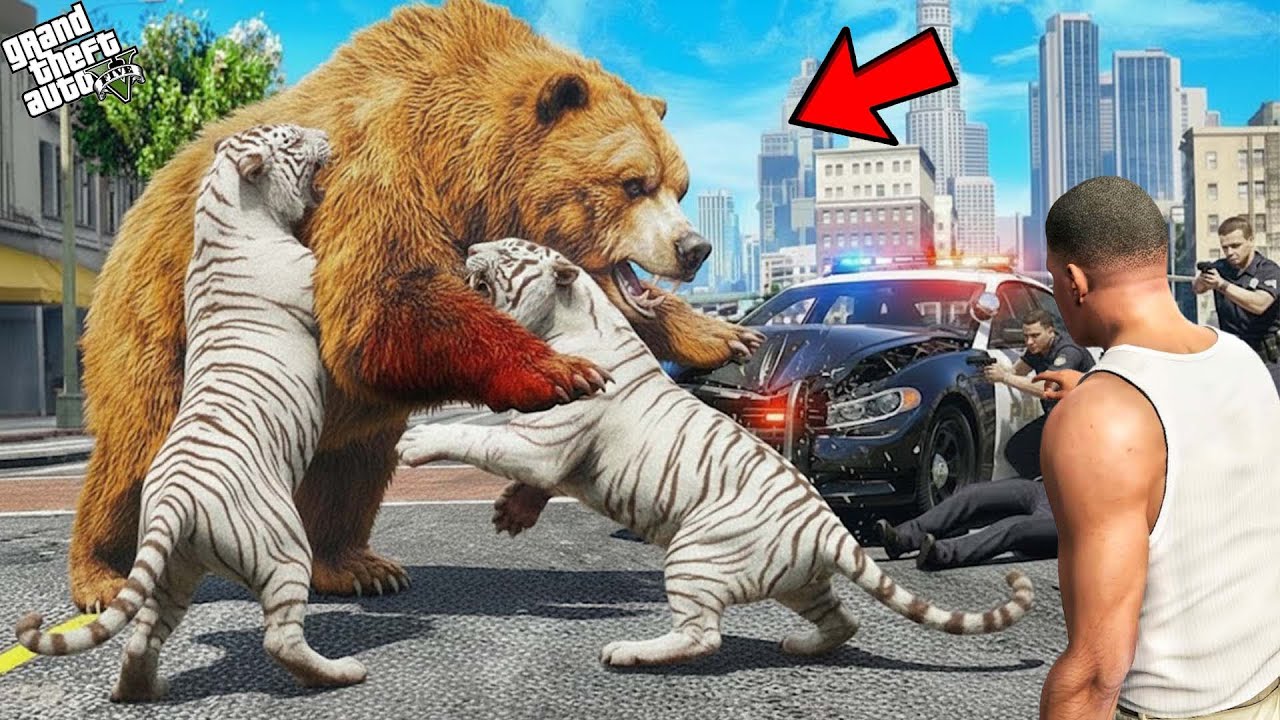 Franklin & White Tigers Fight a Wild Bear Attacking Los Santos | Gta 5