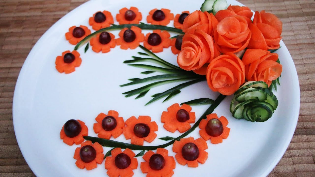 Super Salad Decoration Ideas - Beautiful Carrot Flowers & Cucumber Carving Garnish