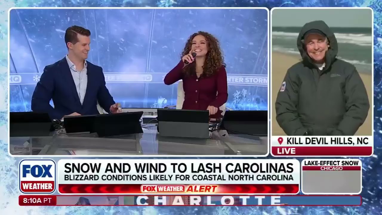 Майк Сейдел, FOX Weather, прогноз погоды перед снегопадом, Килл, Девил-Хиллз, Северная Каролина, ...