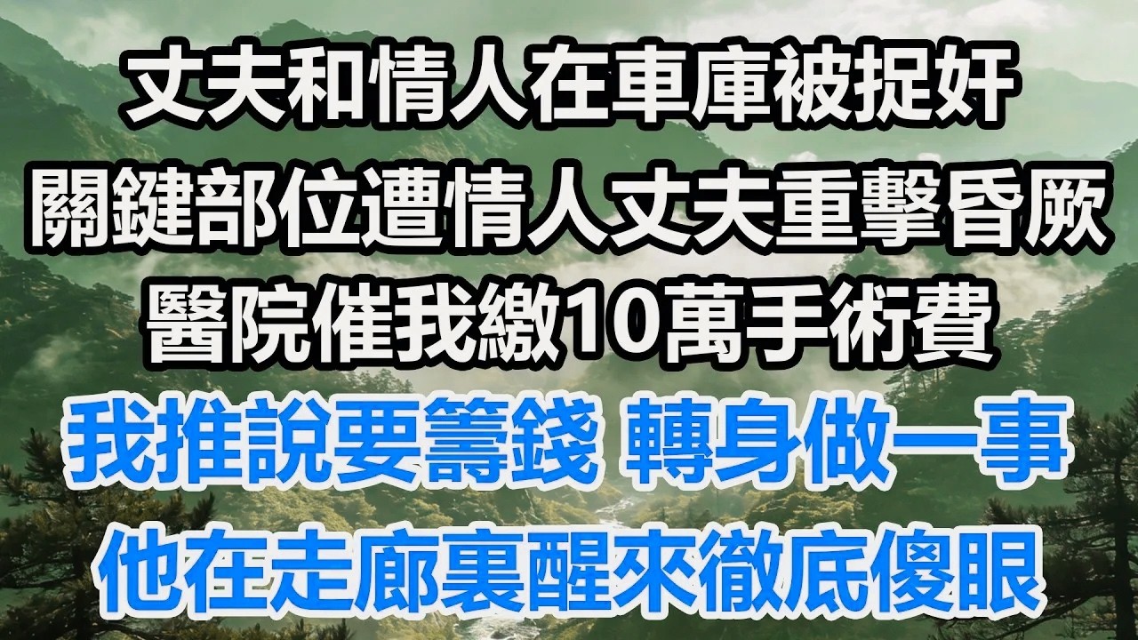 丈夫和情人在車庫被捉奸，關鍵部位遭情人丈夫重擊昏厥。醫院催我繳10萬手術費，我推說要籌錢，轉身做一事，他在走廊裏醒來徹底傻眼