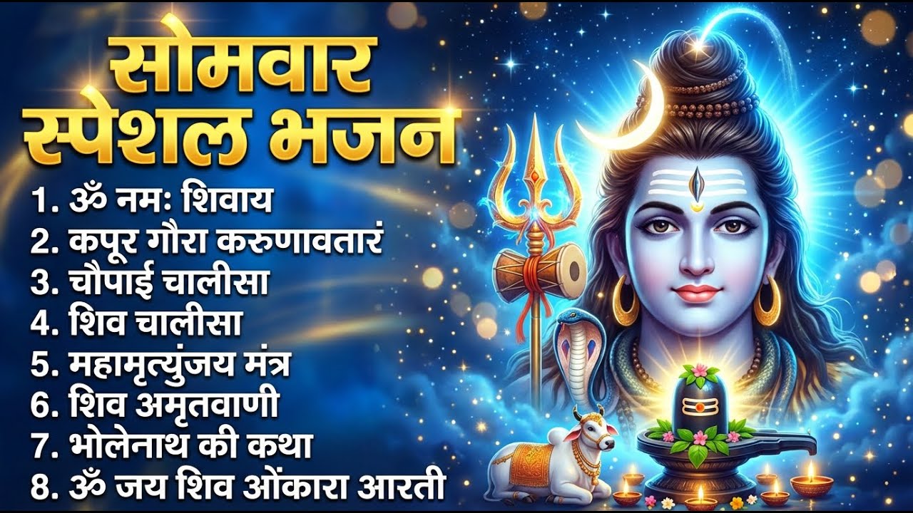 सोमवार भक्ति भजन : ॐ नमः शिवाय, शिव अमृतवाणी, महामृत्युंजय मंत्र, शिव चालीसा, ॐ जय शिव ओंकारा