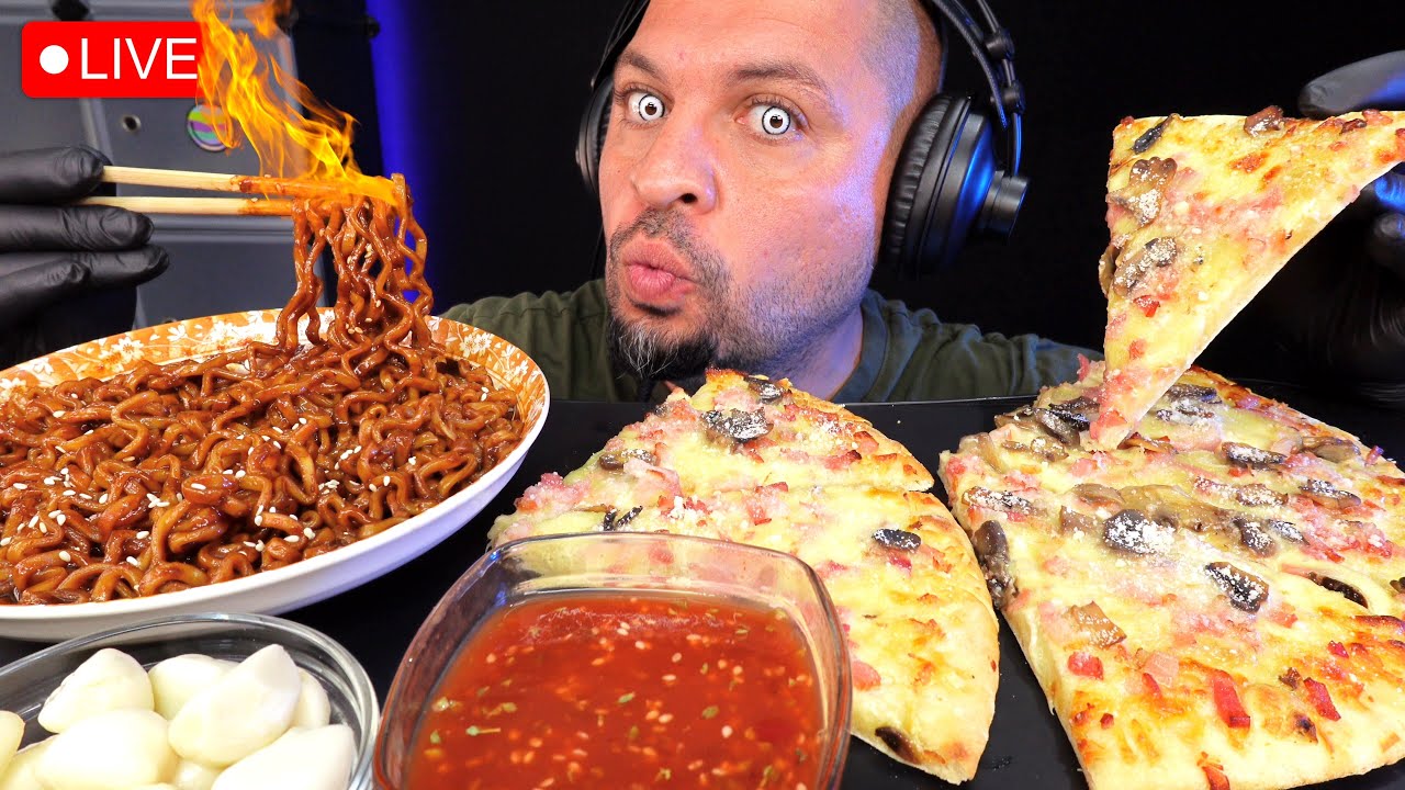 🔴LIVE - MUKBANG Black Bean 🔥 Fire Noodles & 🍕 Pizza ASMR 🎧