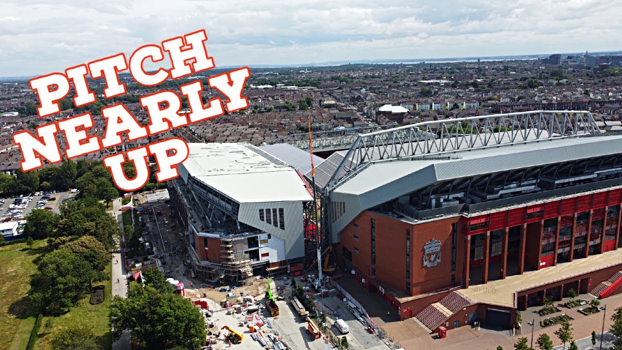 Liverpool FC Anfield Expansion, Pitch Nearly Up, Roof Almost Covered.