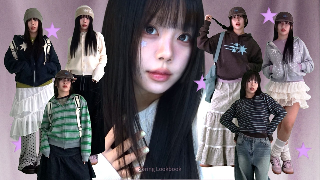 lookbook🌸 봄준비 시작◞ ꙳ ๋࣭ ⭑ ` 편한데 귀여운 포인트템들로  뻔하지 않은 몽글몽글 색감 봄 데일리룩 ( 졸귀 후드집업 &bull; 도트백팩 &bull; 니트 &bull; 스커트 )