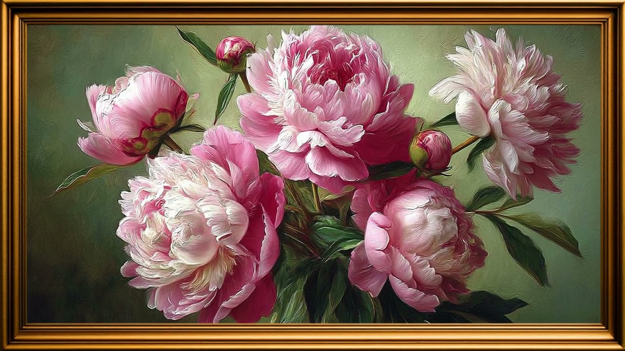 Pink Peonies Painting oil  with Gold Frame for TV | Decorative Background 