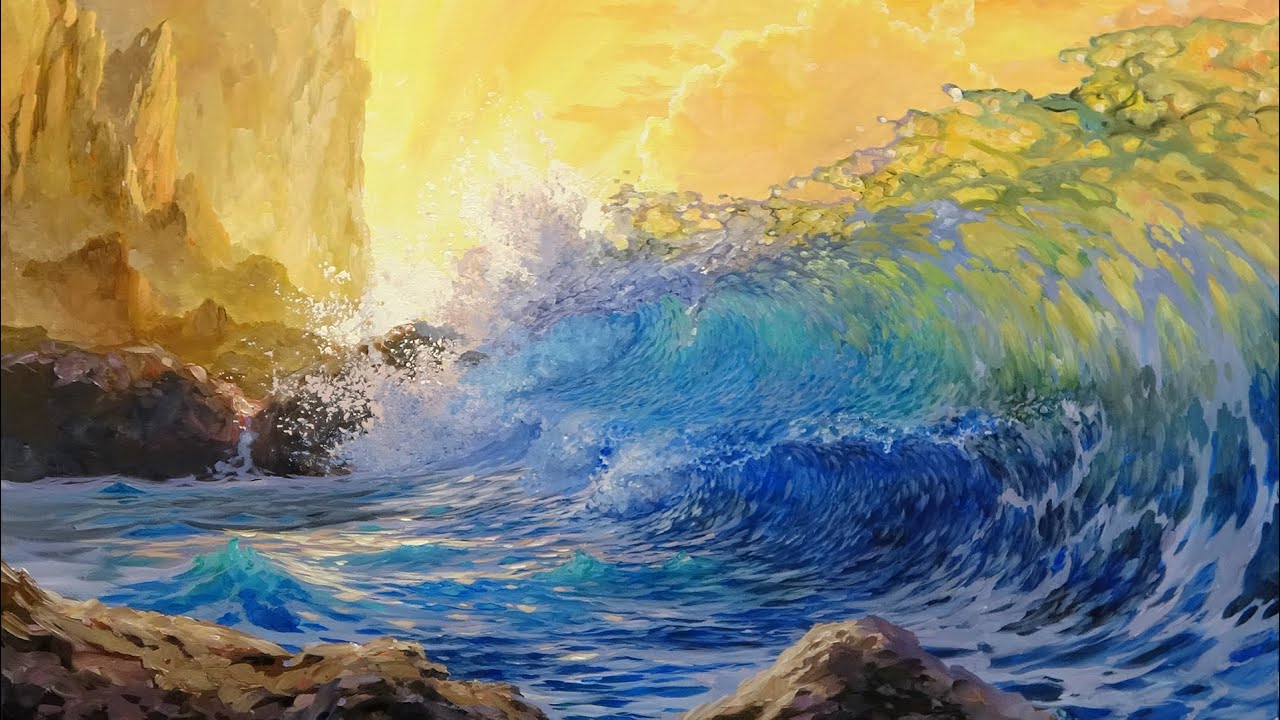 Painting A Transparent Crashing  Wave At Sunset