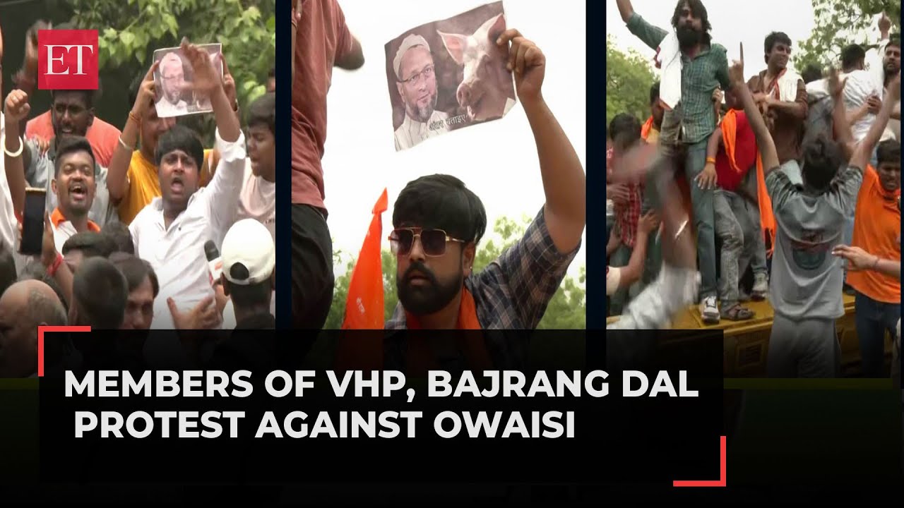 Owaisi&rsquo;s 'Jai Palestine' slogan row: Members of VHP, Bajrang Dal protest against AIMIM chief