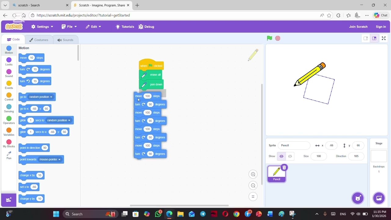 Scratch: Drawing Polygons (Square, Triangle, Rectangle)
