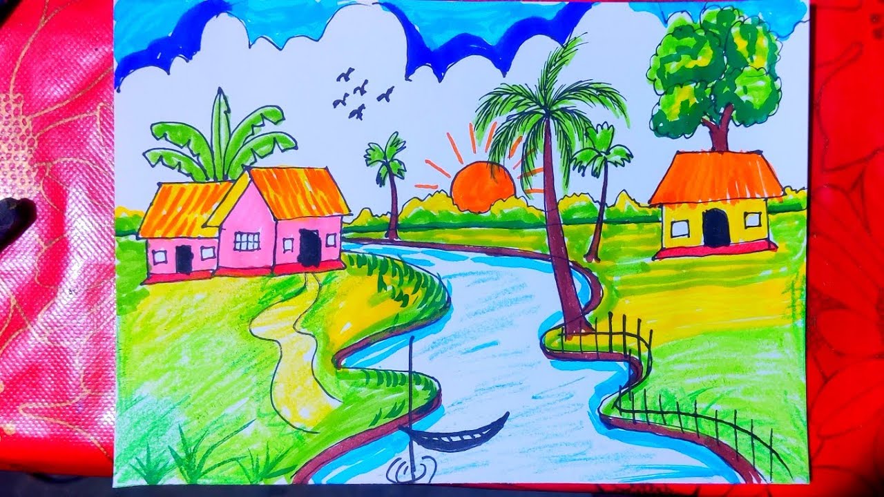 easy please drawing idea || colour drawing village #easydrawing #villagedrawing 
