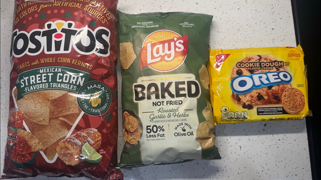 Tostitos Mexican street corn, Lays baked roasted garlic & herb, Oreo cookie dough