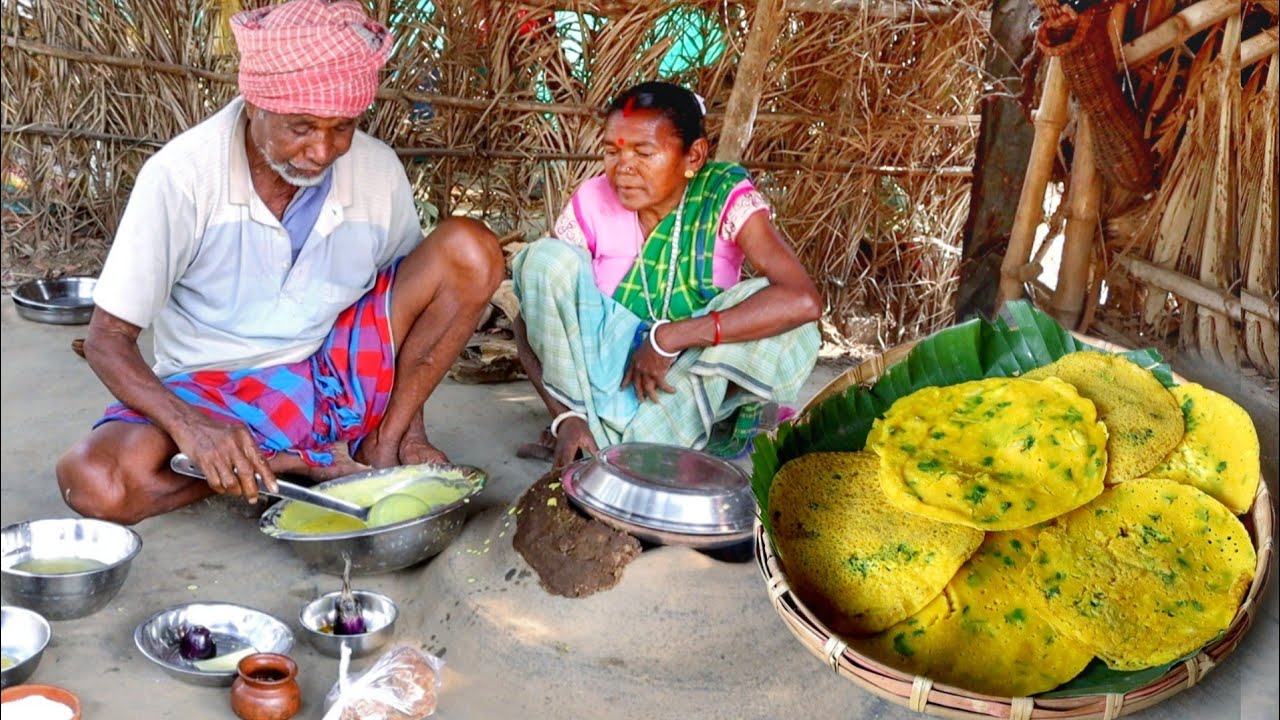 Santali tribe old grandma making VAJA PITHA recipe in village style 