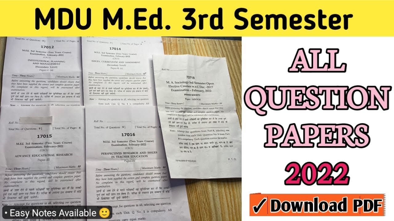 M.Ed. All Subjects Question Paper 2022 MDU 3rd Semester