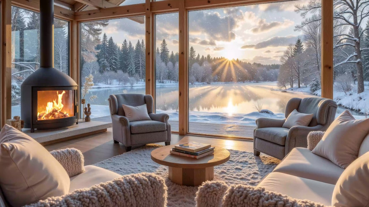 Warm Winter Piano Retreat ❄️ Sunlit Cabin by the Forest Lake | Fireplace Morning Calm