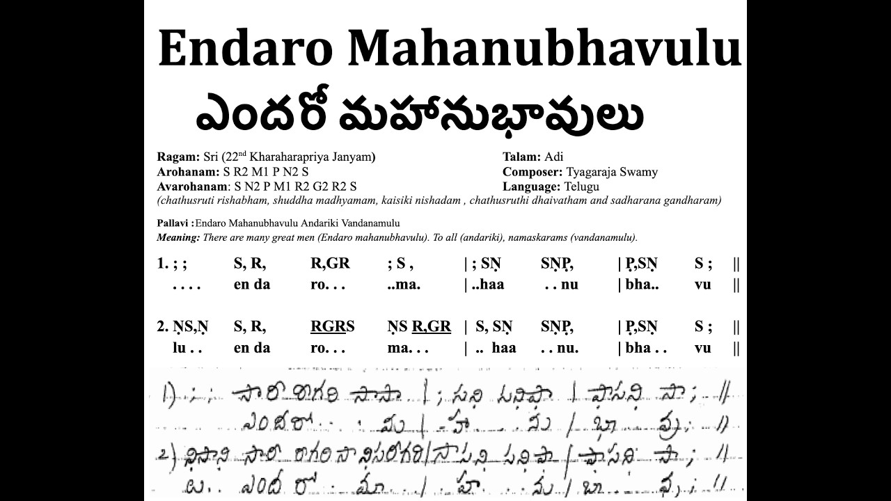 Endaro Mahanubhavulu with Notation ఎందరో మహానుభావులు 5th Pancharatna krithi.