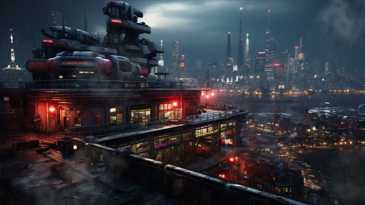 Black River From Neo-City. Sci-Fi Cyberpunk Ambiance for Sleep, Study, Relaxation