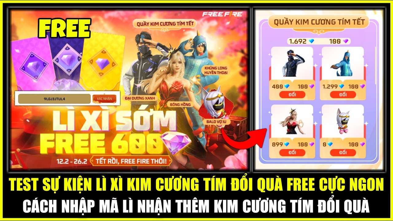 Test Sự Kiện Mở LÌ XÌ KIM CƯƠNG TÍM Đổi Quà FREE, Cách Nhập CODE Nhận Thêm KC Tím | Free Fire