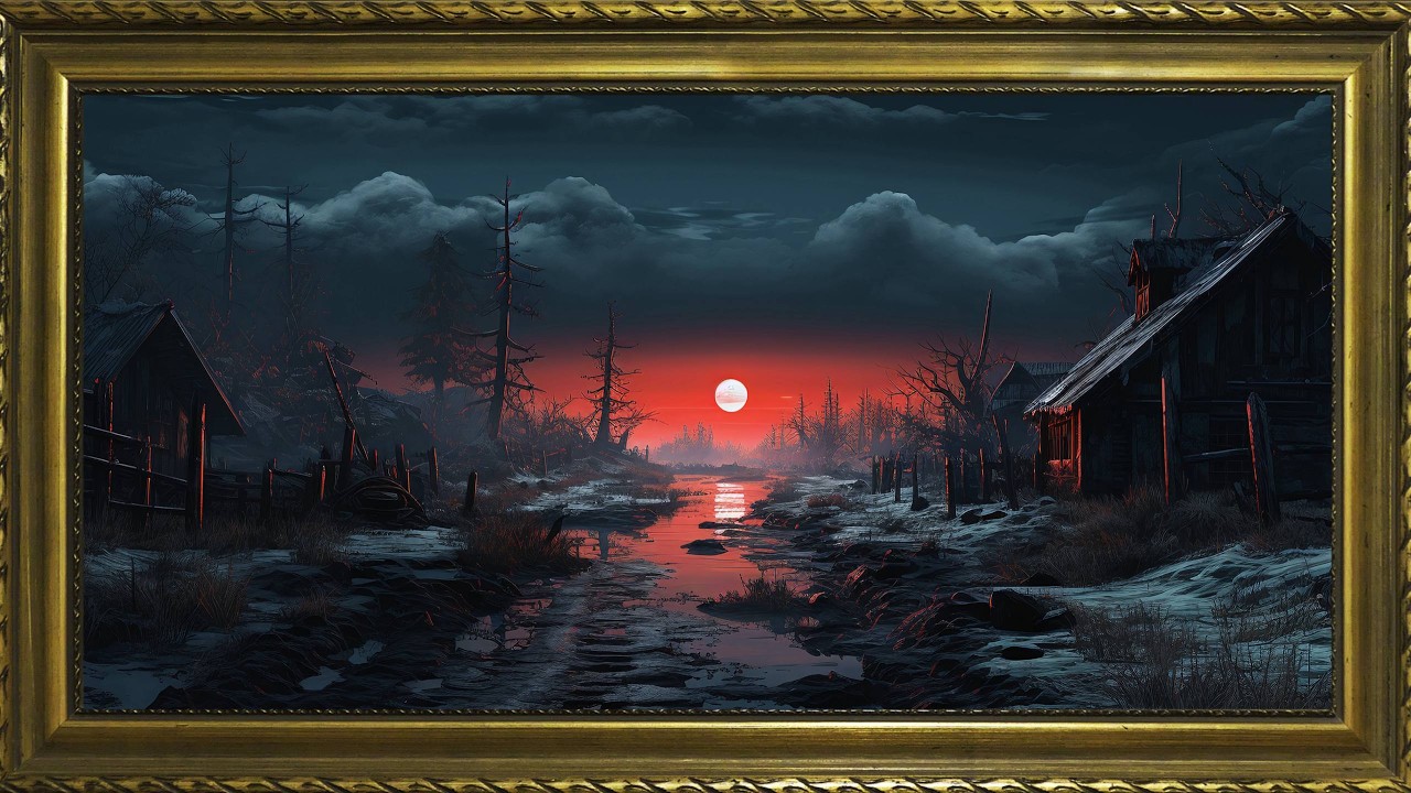 Dark Fantasy Winter Landscape Painting: 4K Gold Frame TV Art Screensaver for TV Wallpaper