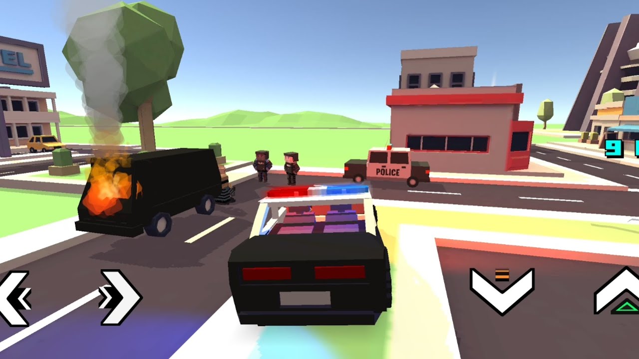 قيادة سيارة الشرطة في المدينة سيارة الشرطة تدخل مطار الطيارات 