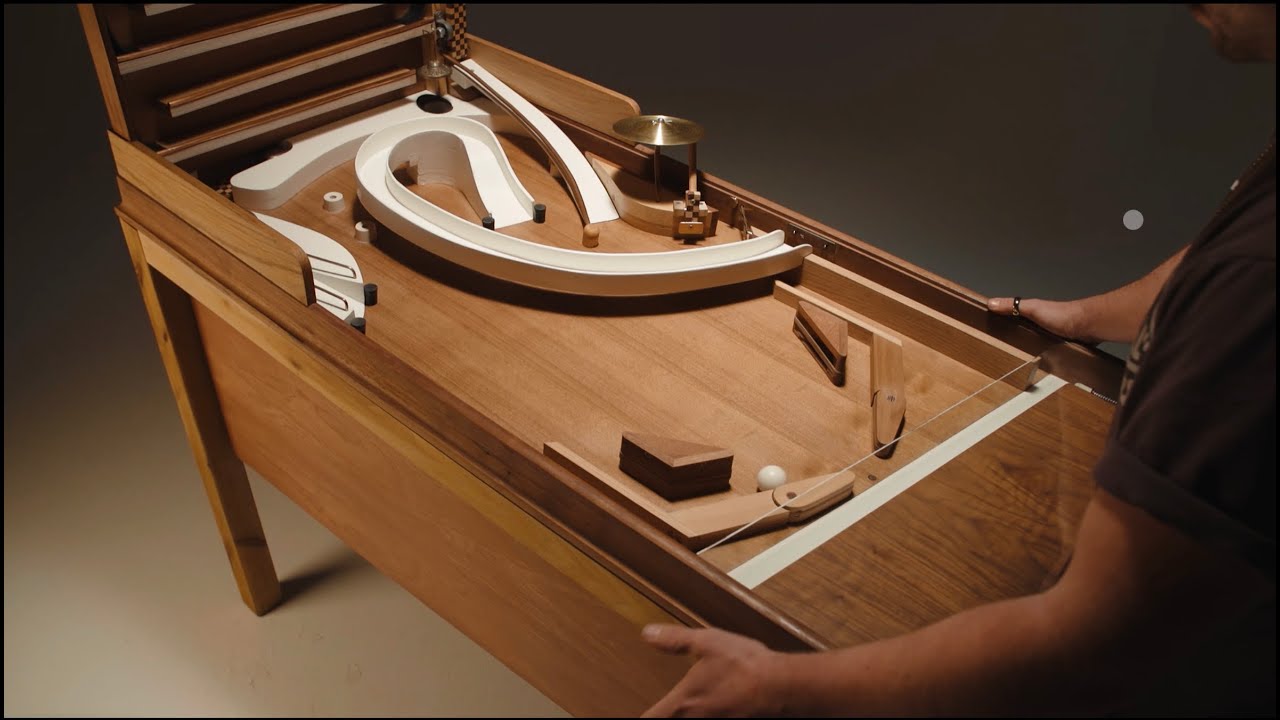 Homemade, wooden, mechanical pinball machine