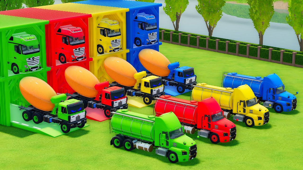 Garage with Colors - ALL MIXER TRUCK WITH DOUBLE FLATBED TRAILER TRUCK, MERCEDES, TATRA, MACK - FS22