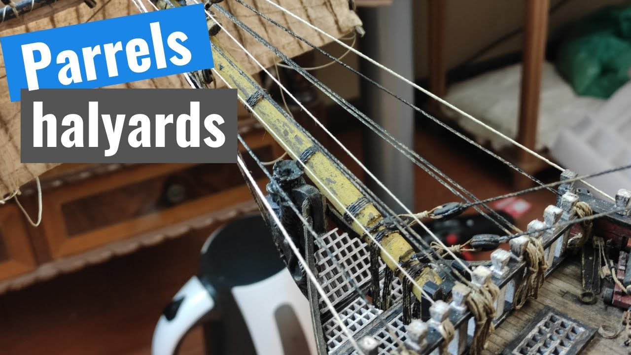 Model Ship Santisima Trinidad - Part 99 - Attaching the yards to the masts, parrels and halyards
