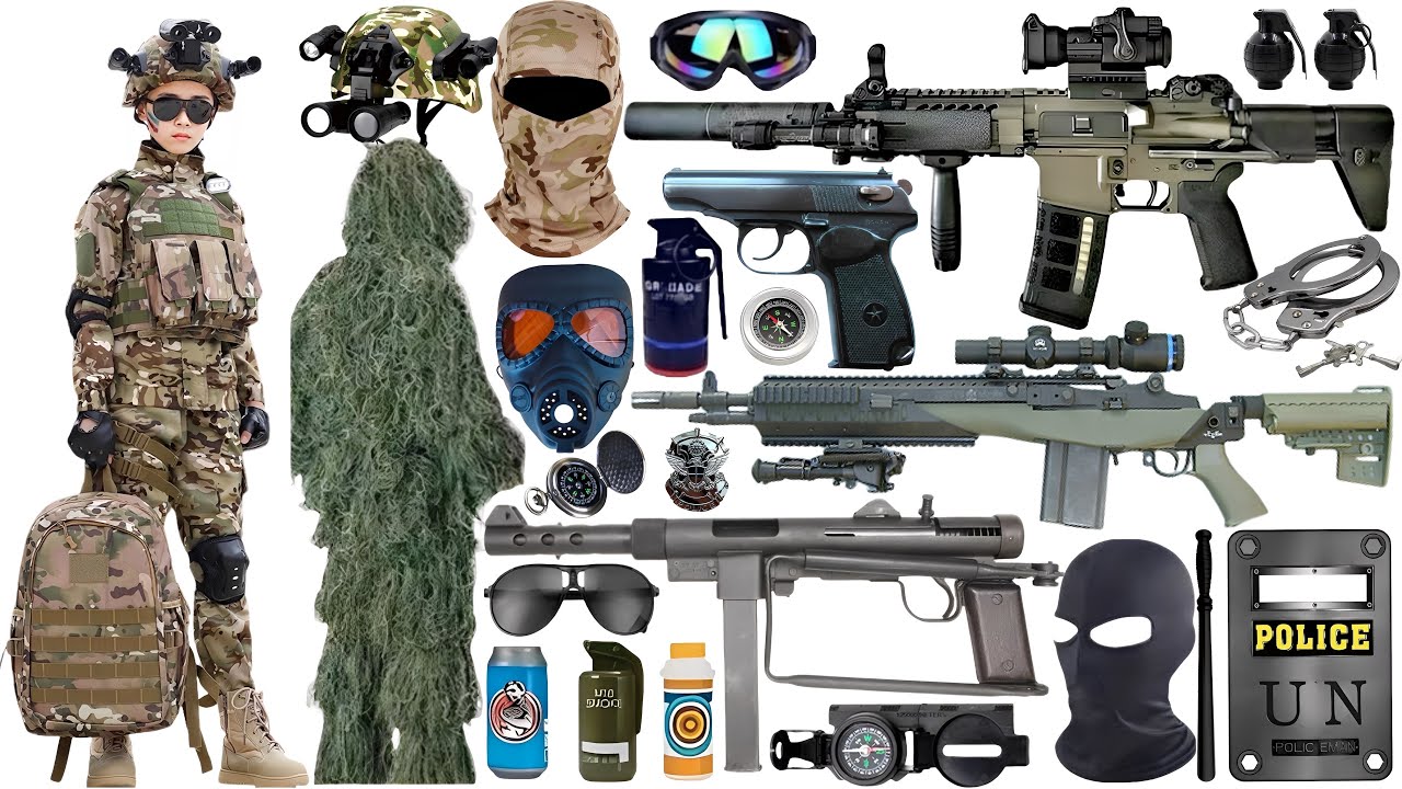 Special Forces military toy gun set unboxing, Assault rifle, submachine gun, MSR sniper rifle, bomb