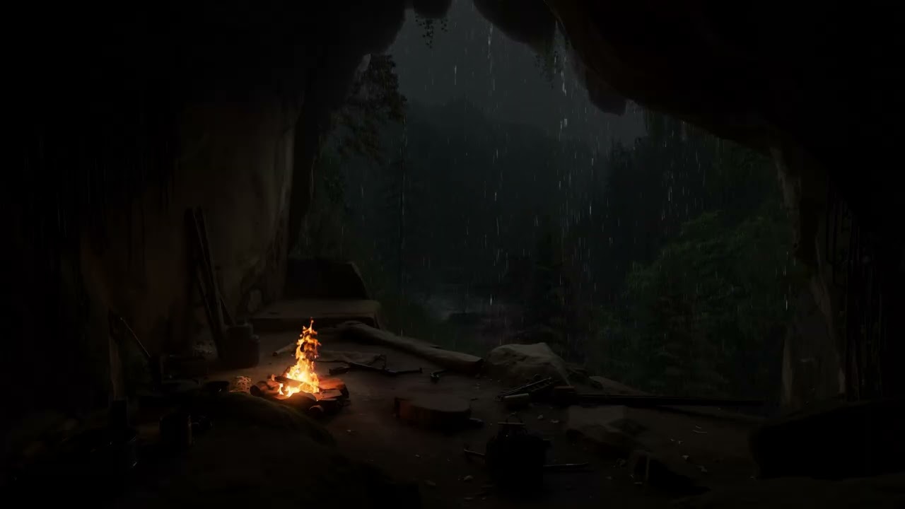 🌙 Sonidos De Lluvia Relajante En Una Cueva De Piedra Con Crepitantes Sonidos De Fuego