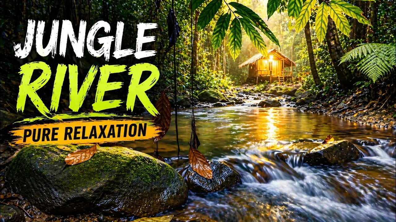 Relaxing Jungle River Flow by a Warm Lit Cabin, Peaceful Water Sounds