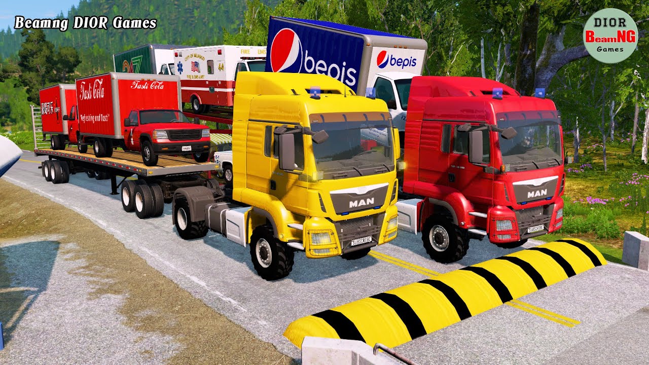 Double Flatbed Trailer Truck vs speed bumps|Busses vs speed bumps|Beamng Drive|237
