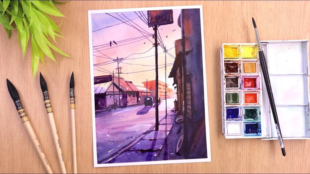 Watercolor painting of sunset evening Cityscape