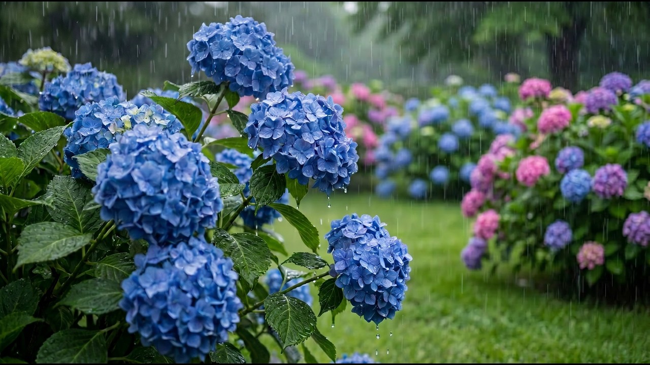 Peaceful Hydrangea Rain 🌧️ Gentle Rain Sounds in a Flower Garden for Sleep & Relaxation
