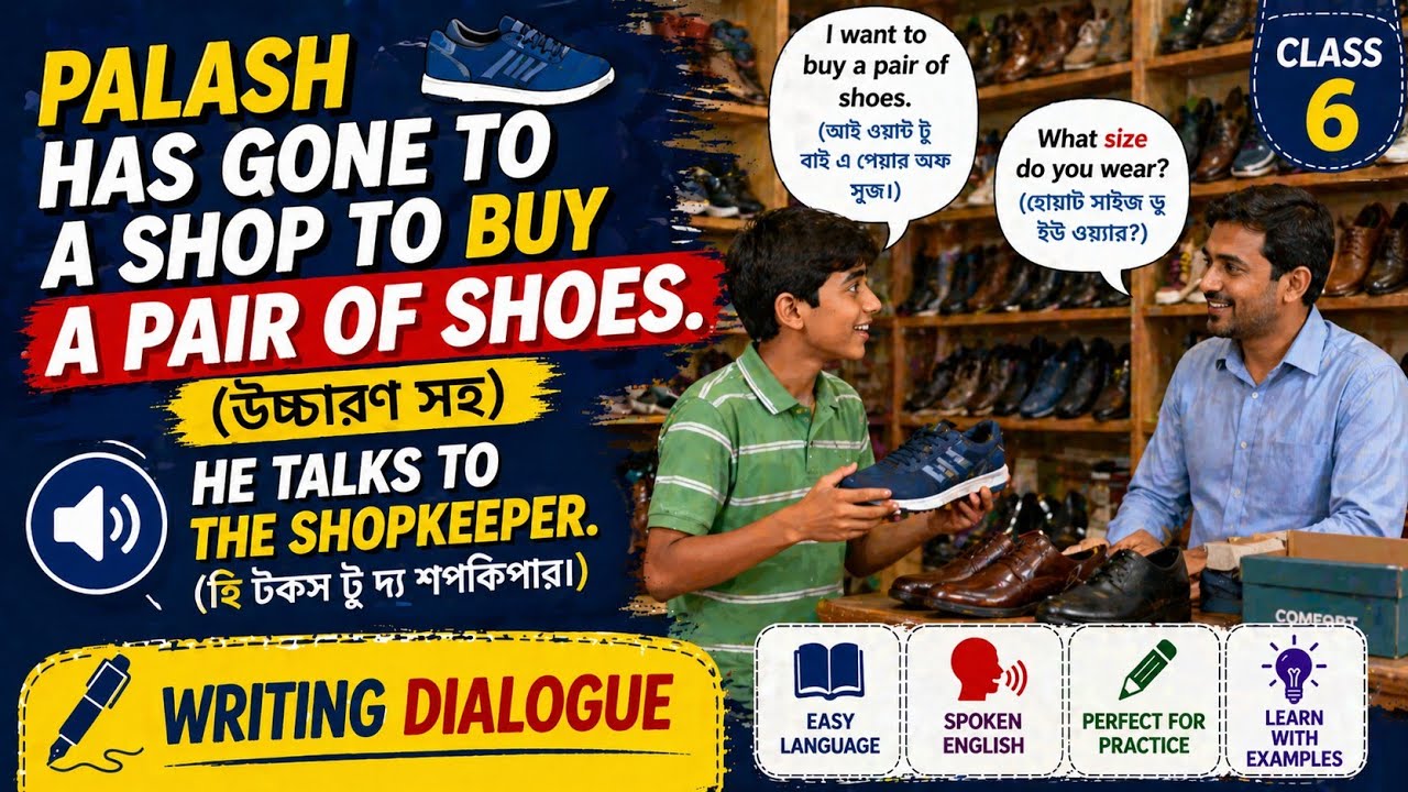 Palash has gone to a shop to buy a pair of shoes. He talk(উচ্চারণ সহ) // Class 6 // Writing Dialogue